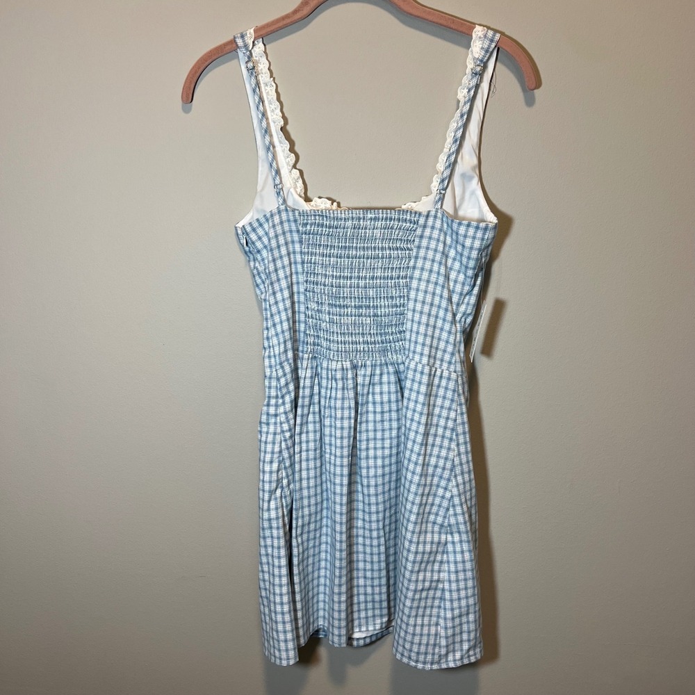 PacSun Your Favorite Blue Gingham Lace Trim Mini Dress Milkmaid Cottagecore S - Picture 9 of 12